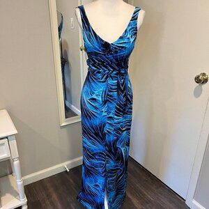 Cache Blue & Black Tropical faux wrap maxi dress, Size XS
